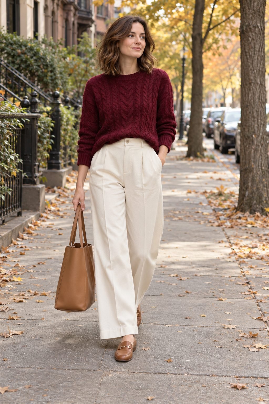 Woman wearing a burgundy cable-knit sweater with cream wide-leg trousers, tan loafers and a camel tote on an autumn sidewalk