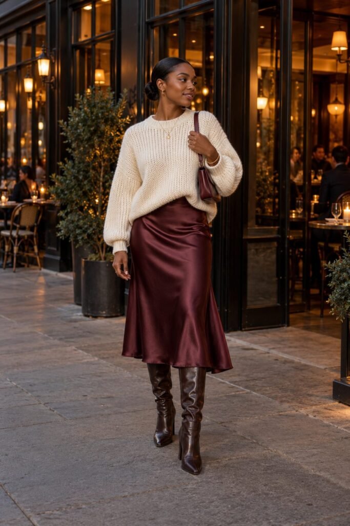 Cream chunky knit sweater with a burgundy satin midi skirt, chocolate brown knee boots and a small burgundy bag