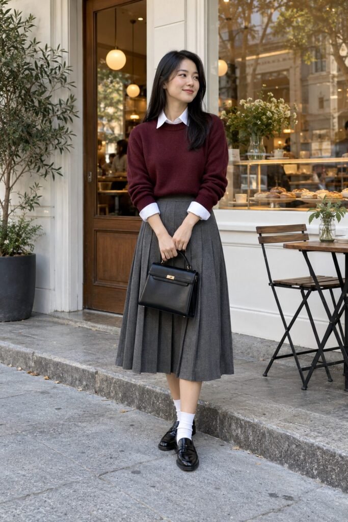 Burgundy crewneck sweater over a white collared shirt with a gray pleated midi skirt, black loafers and a black handbag