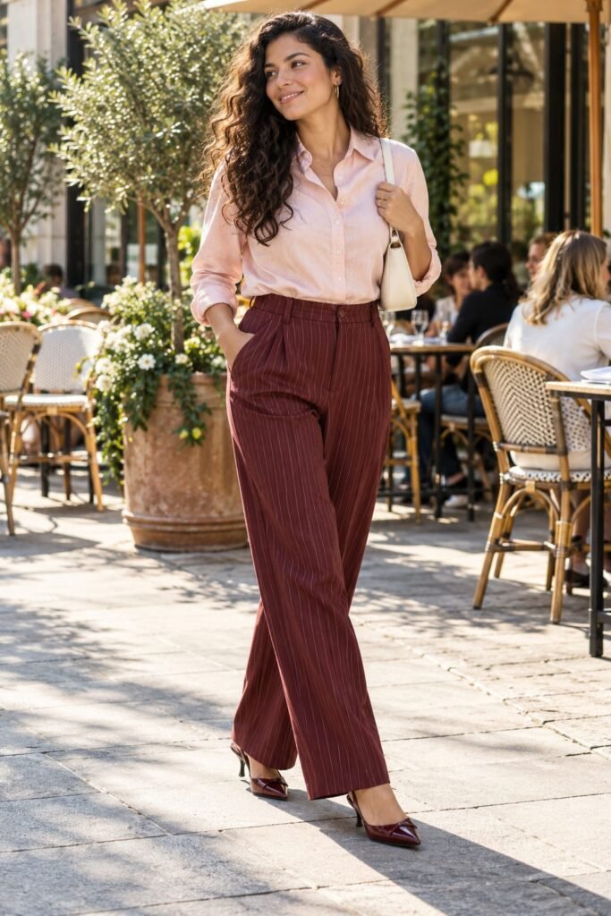 Blush pink button-down shirt tucked into burgundy pinstripe wide-leg trousers with burgundy slingback heels