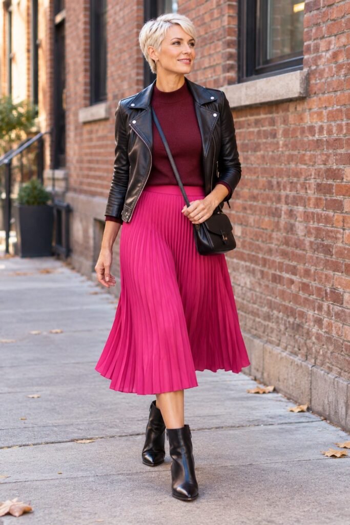 Burgundy sweater with a fuchsia pleated midi skirt, black leather moto jacket and black ankle boots