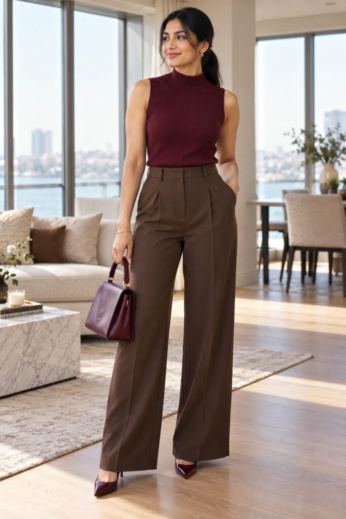 Sleeveless burgundy mock-neck top with chocolate brown wide-leg trousers, burgundy pumps and a burgundy top-handle bag