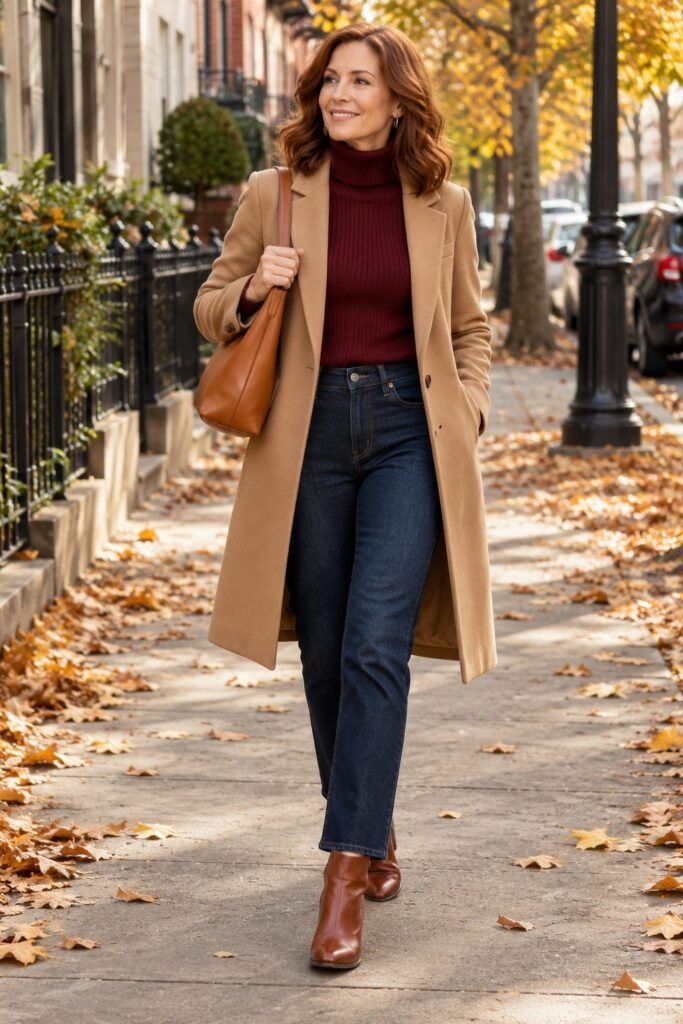 Burgundy turtleneck with dark straight-leg jeans, a long camel coat, cognac ankle boots and a tan bag