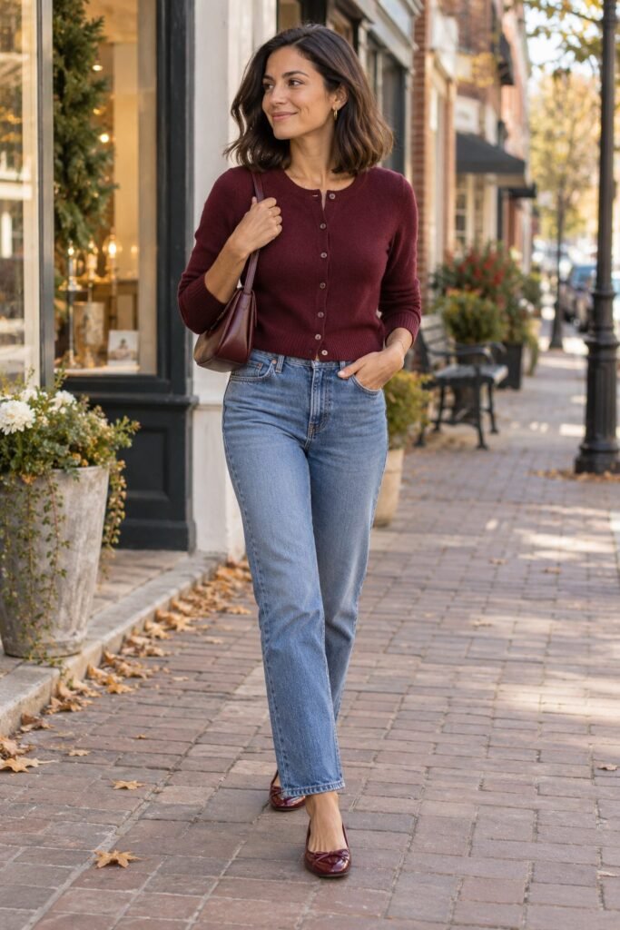 Fitted burgundy cardigan worn as a top with straight-leg jeans, burgundy ballet flats and a burgundy shoulder bag