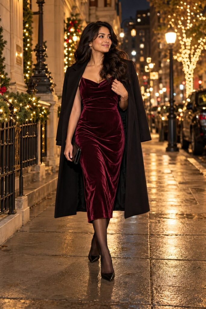 Burgundy velvet slip dress with sheer black tights, black pumps and a long black wool coat at night