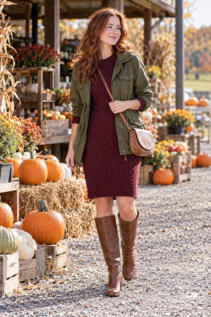 Burgundy sweater dress with an olive utility jacket, brown knee-high boots and a tan crossbody bag