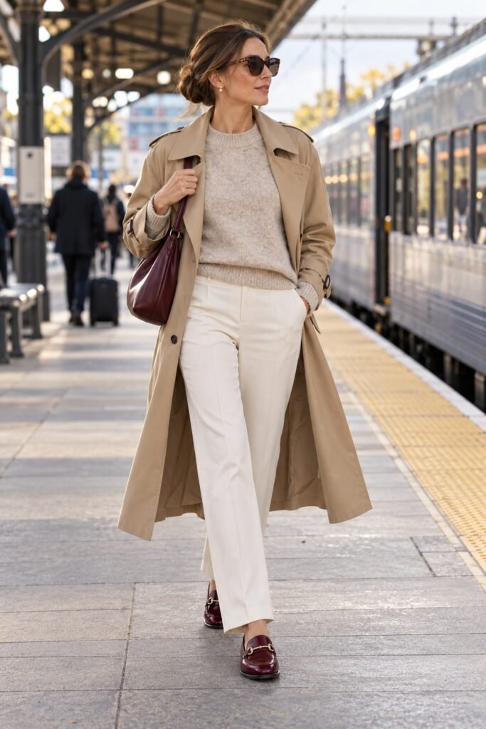 Oatmeal sweater, ivory trousers and beige trench coat with oxblood burgundy loafers and a burgundy shoulder bag