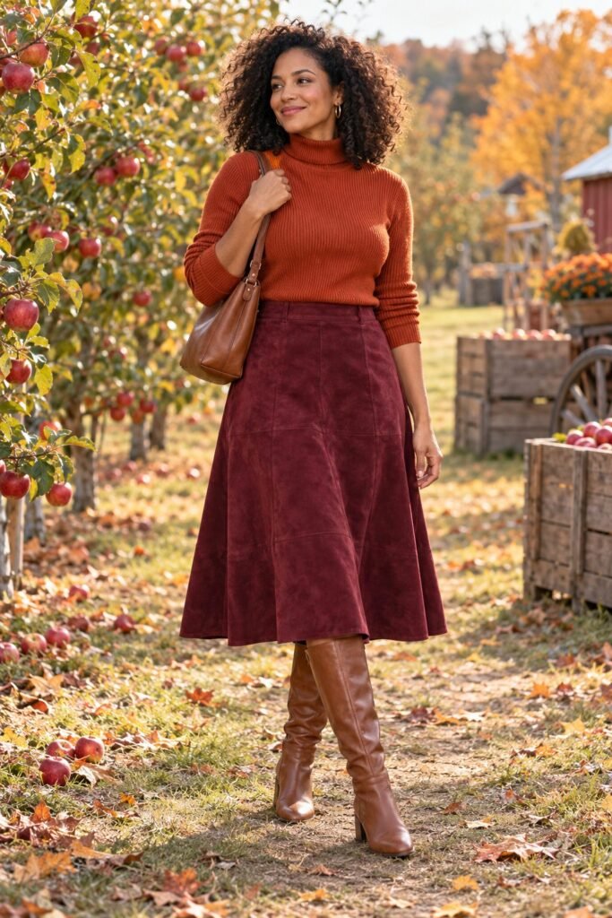 Burnt orange turtleneck tucked into a burgundy suede midi skirt with cognac boots in an orchard