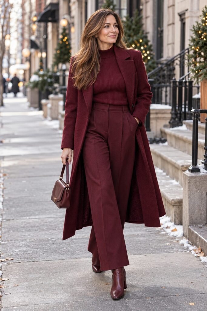 Monochrome burgundy outfit with a wine knit top, burgundy wide-leg trousers, long oxblood coat and burgundy boots