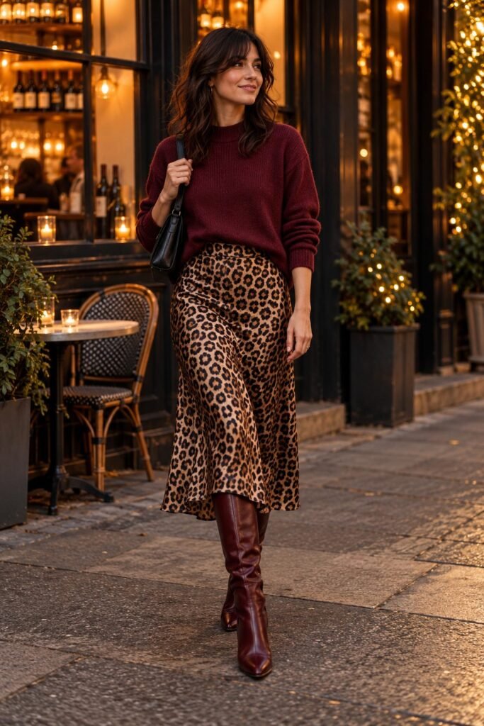 Burgundy sweater tucked into a leopard print satin midi skirt with burgundy knee-high boots