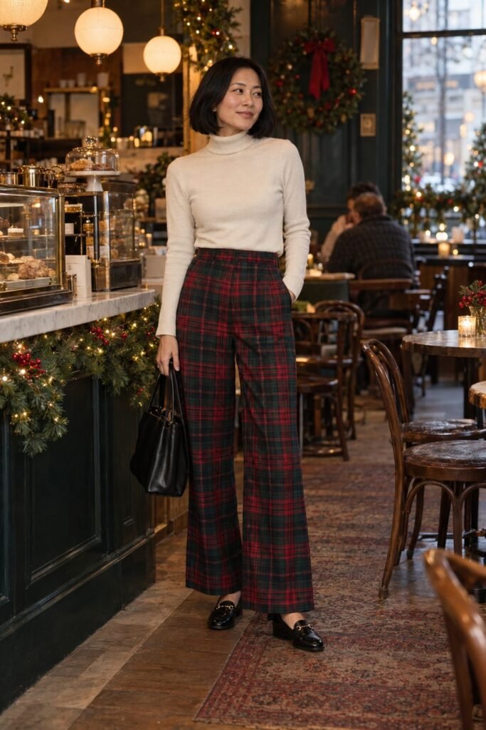Woman in a cream turtleneck with red and green tartan wide-leg trousers and black loafers