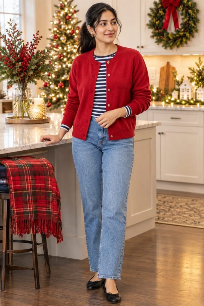 Woman in a navy and white striped long-sleeve tee under a red cardigan with light jeans and ballet flats