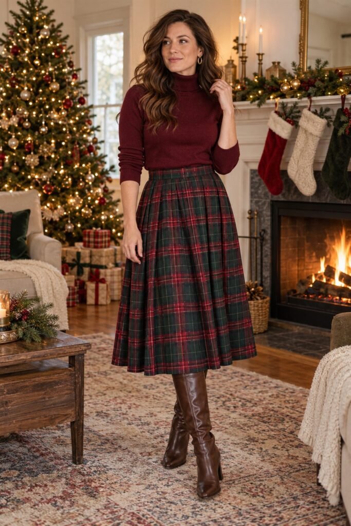 Woman in a burgundy turtleneck tucked into a green and red plaid midi skirt with tall brown boots