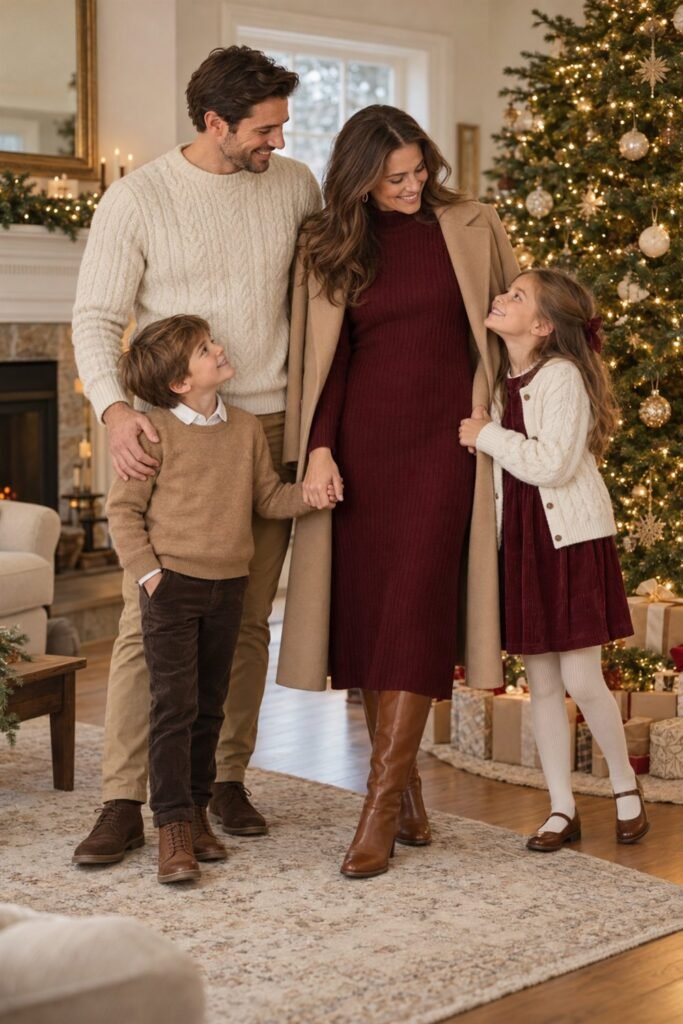 Family Christmas picture outfits: classic burgundy christmas by the tree in burgundy, cream, camel