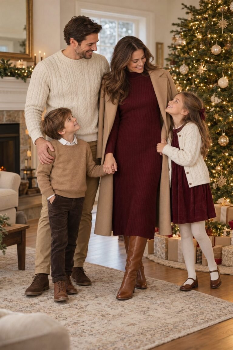 Family Christmas picture outfits: classic burgundy christmas by the tree in burgundy, cream, camel