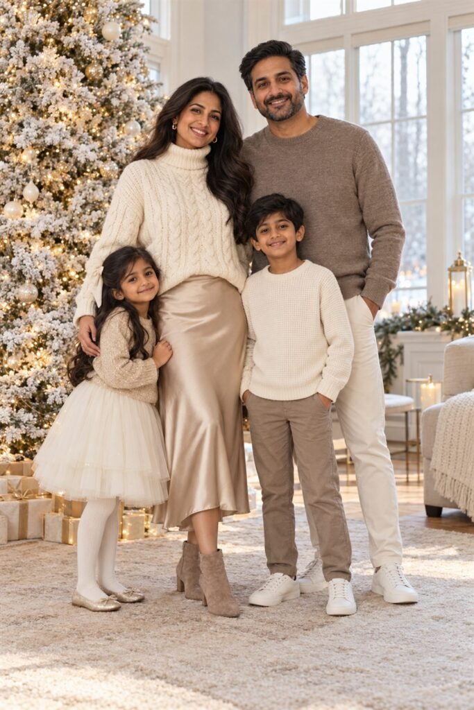 Family Christmas picture outfits: winter white christmas indoors in winter white, champagne, taupe