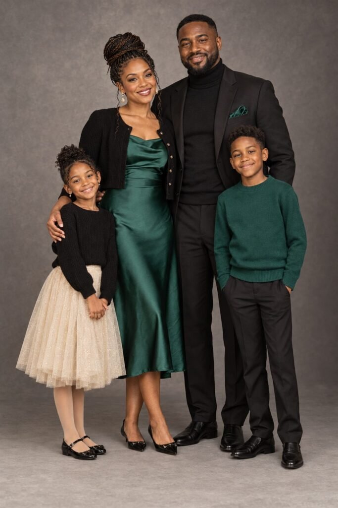 Family Christmas picture outfits: elegant emerald studio portrait in emerald, black, champagne