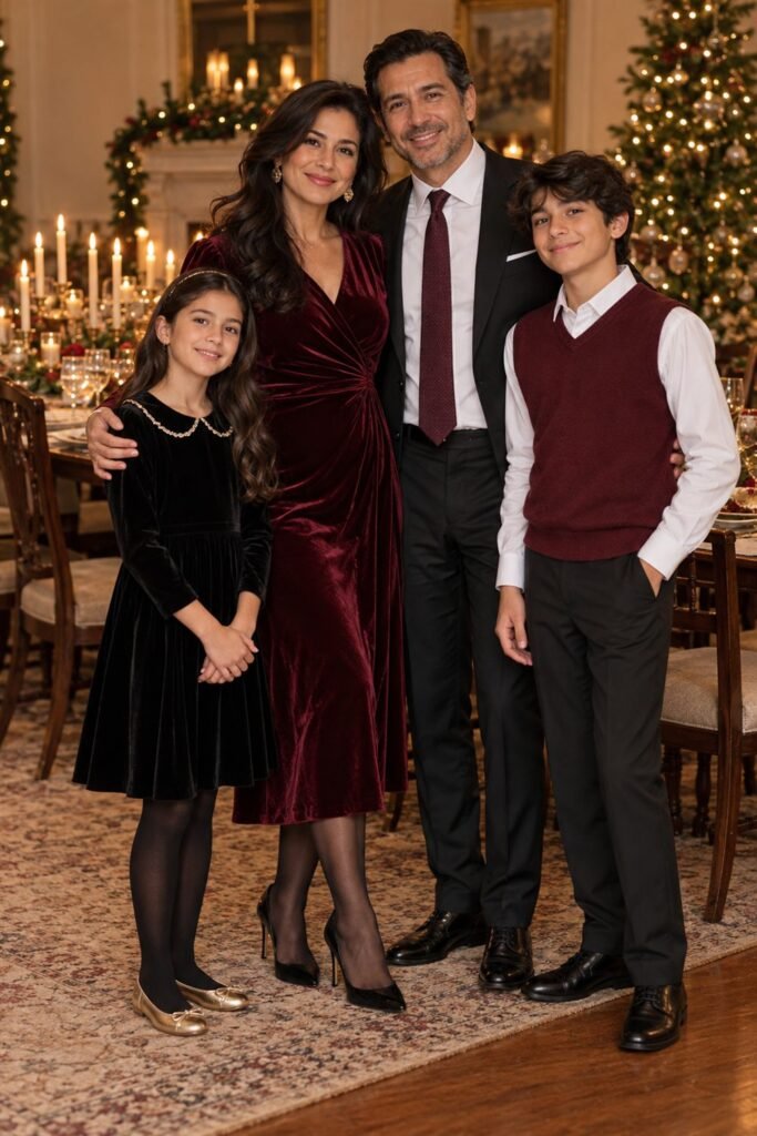 Family Christmas picture outfits: christmas velvet for an evening portrait in burgundy, black, gold