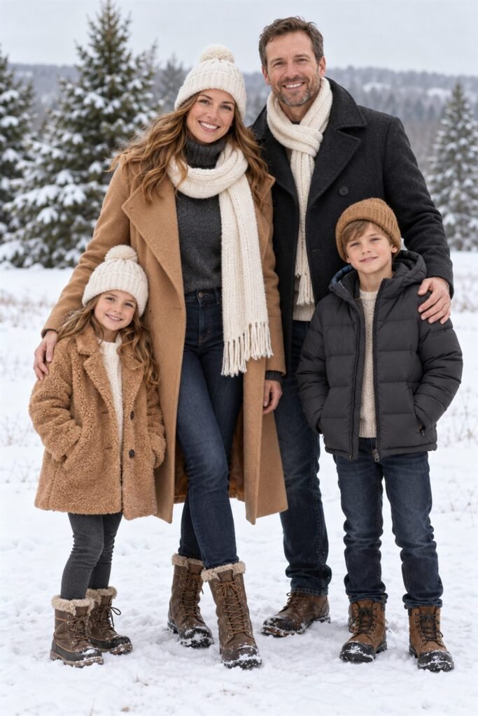 Family Christmas picture outfits: snowy outdoor family pictures in cream, charcoal, camel