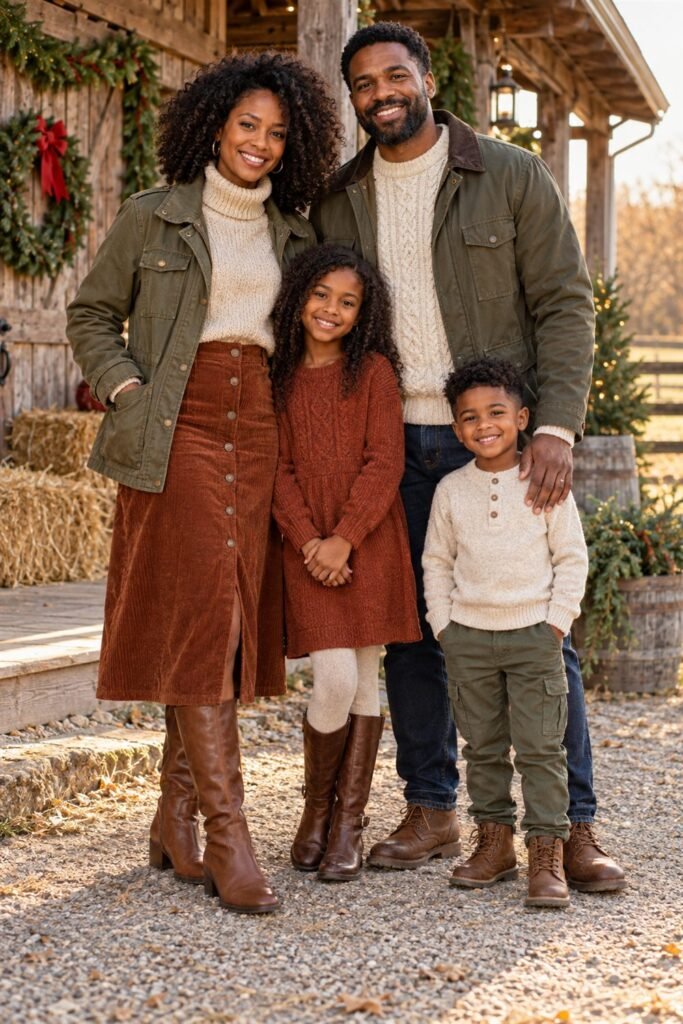 Family Christmas picture outfits: rustic farmhouse christmas in rust, olive, oatmeal
