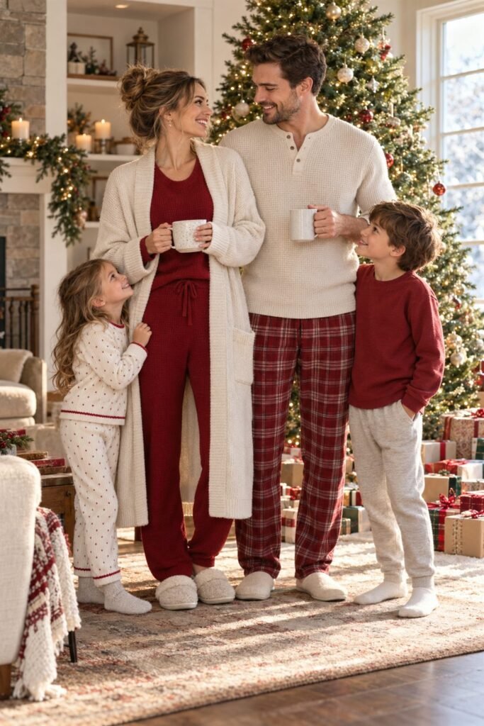 Family Christmas picture outfits: christmas morning at home in soft red, cream, oatmeal