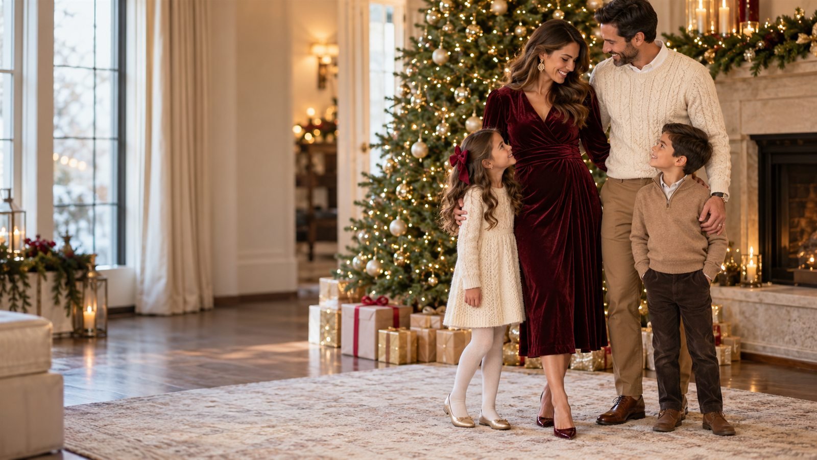 Family Christmas picture outfits: mom in a burgundy velvet dress with the family in cream and camel by the Christmas tree