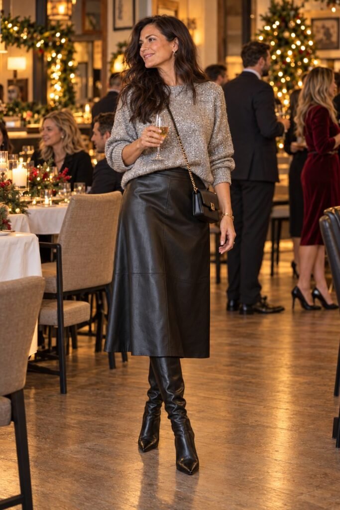 Black faux-leather midi skirt with a silver sparkly knit sweater and heeled boots at a restaurant (AI-generated image)