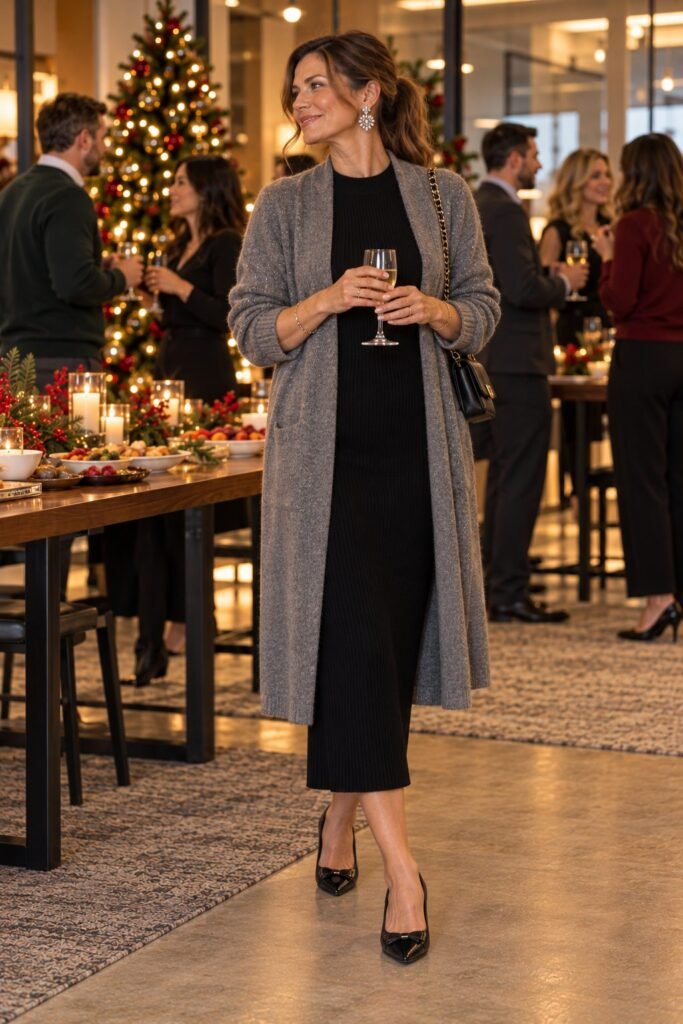 Long gray cardigan over a black knit midi dress with sparkly statement earrings and black flats (AI-generated image)