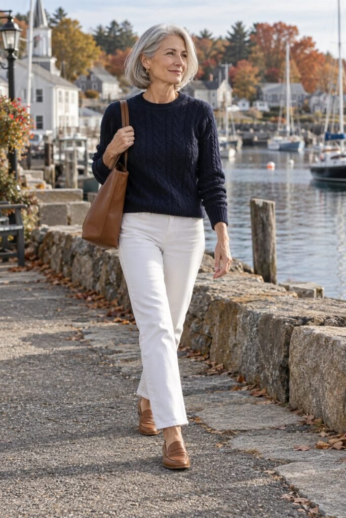 Woman over 50 in a navy cable-knit sweater with white straight jeans and tan loafers in a quiet harbor town