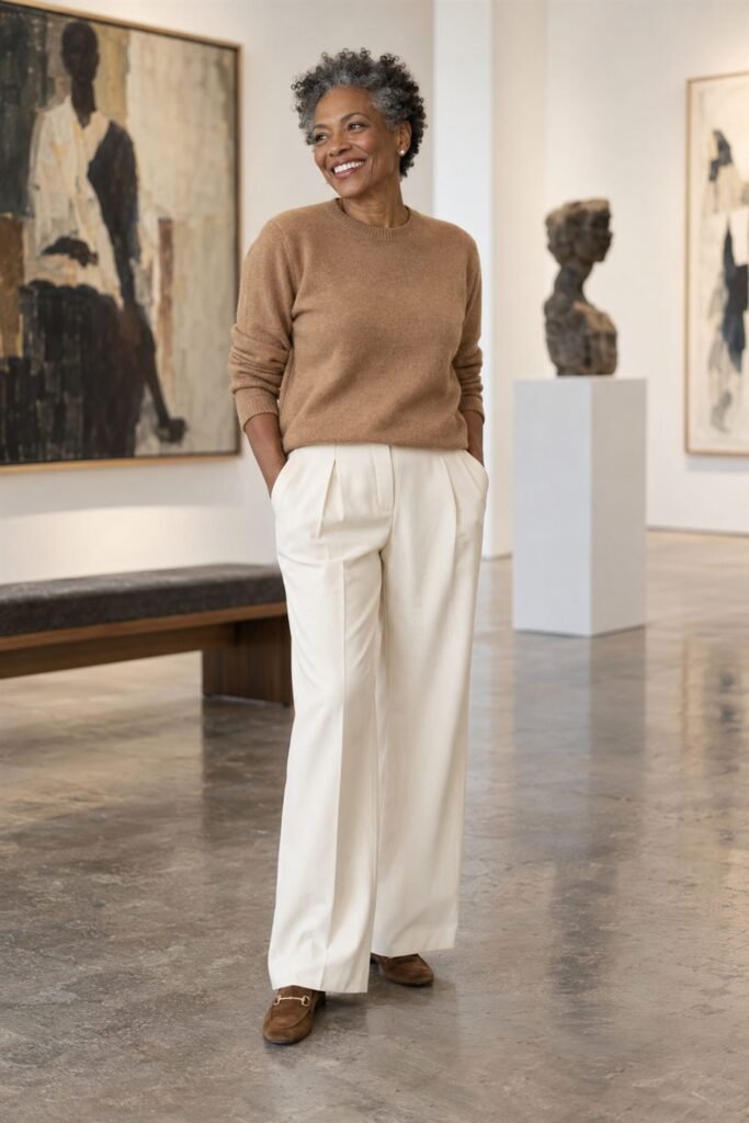 Woman in her 50s in a camel cashmere crewneck with cream wide-leg trousers, pearl studs and brown loafers