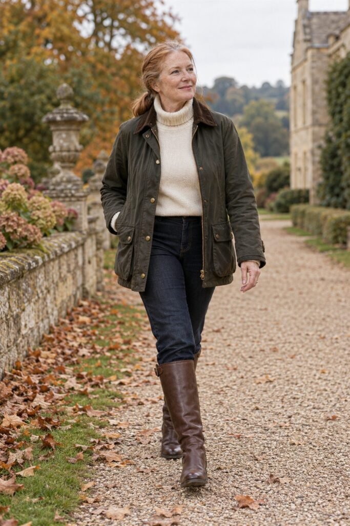 Woman over 50 in an olive waxed barn jacket over a cream turtleneck with dark jeans and brown leather riding boots in the countryside
