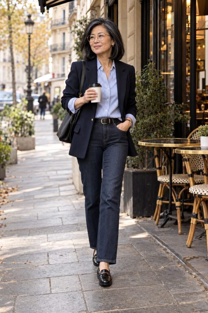 Woman in her 50s in a navy blazer over a blue and white striped button-down shirt with dark jeans and black loafers