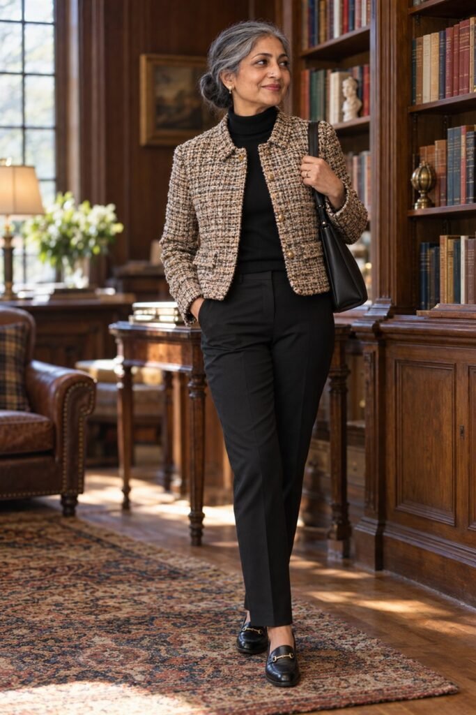 Woman in her 50s in a cream and brown tweed jacket over a black turtleneck with slim black trousers and loafers