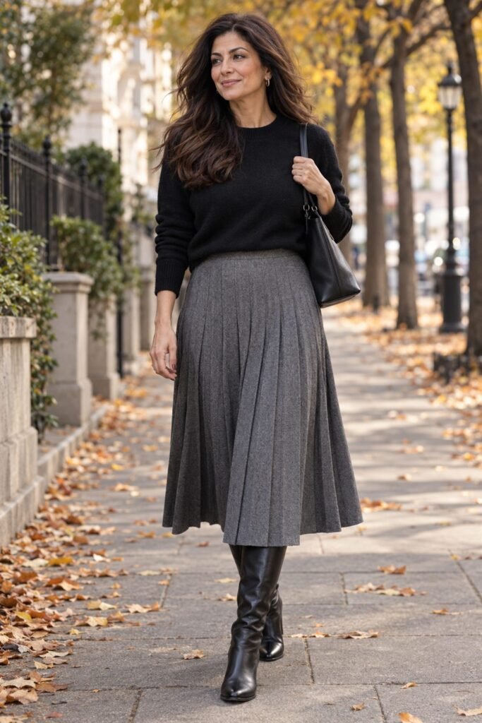 Woman over 50 in a black cashmere sweater with a gray pleated midi skirt and black knee-high leather boots