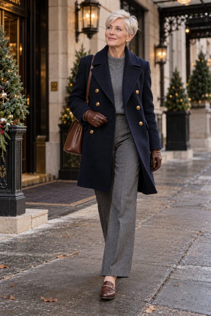 Woman in her 50s in a navy double-breasted wool coat over a gray knit with gray tailored trousers, leather gloves and loafers