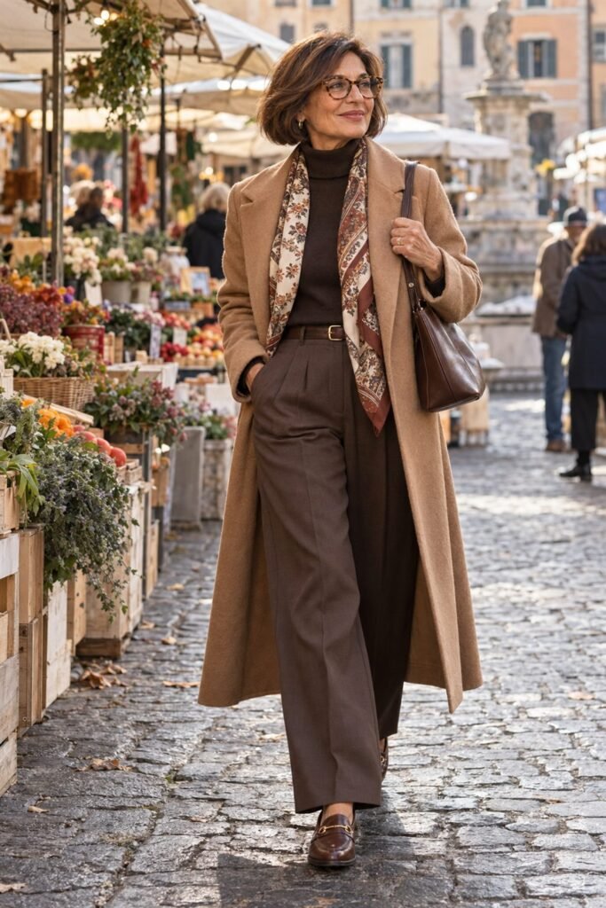 Woman in her 50s in a chocolate brown turtleneck and brown wide trousers under a long camel coat with a silk scarf