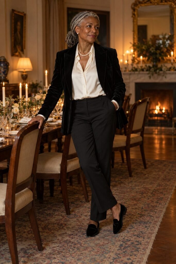 Woman over 50 in a black velvet blazer over a cream silk blouse with black trousers and a pearl necklace at an elegant dinner