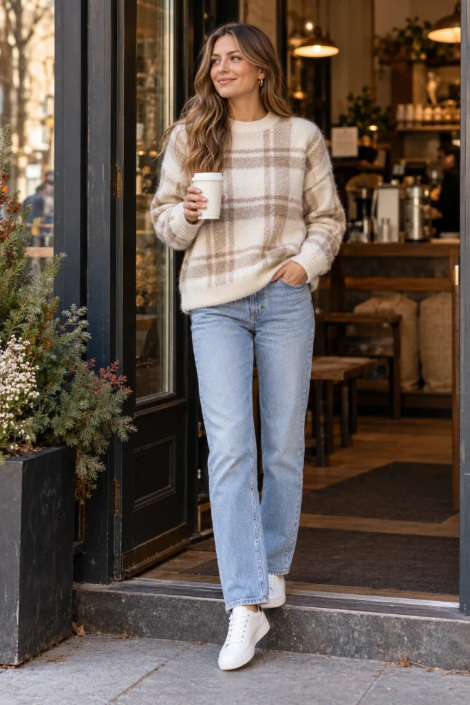 Cream and camel plaid crewneck sweater with light straight-leg jeans and white sneakers (AI-generated image)