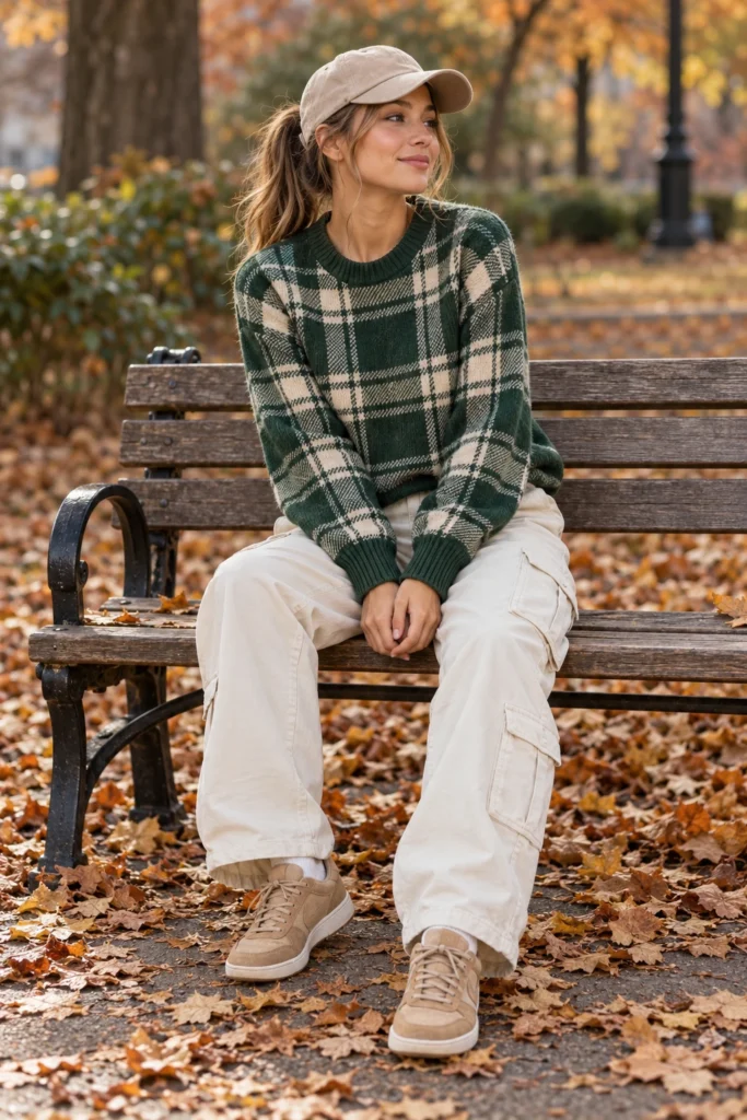 Green and cream plaid sweater with cream cargo pants and suede sneakers (AI-generated image)