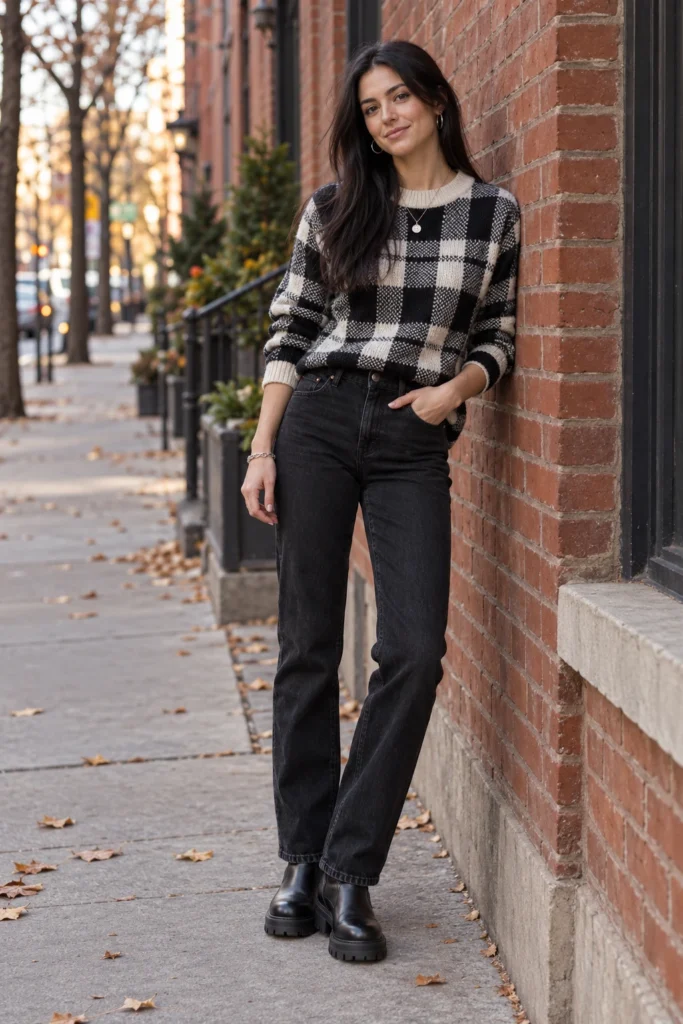 Black and white plaid sweater with black straight jeans and chunky black boots (AI-generated image)