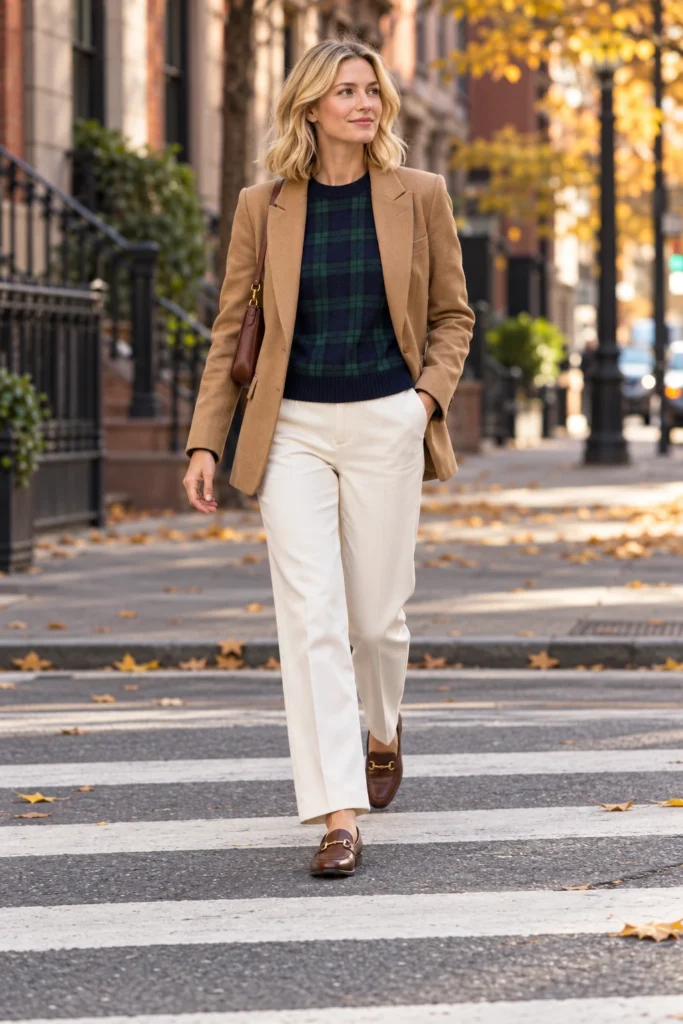 Navy plaid sweater worn under a camel blazer with cream trousers (AI-generated image)