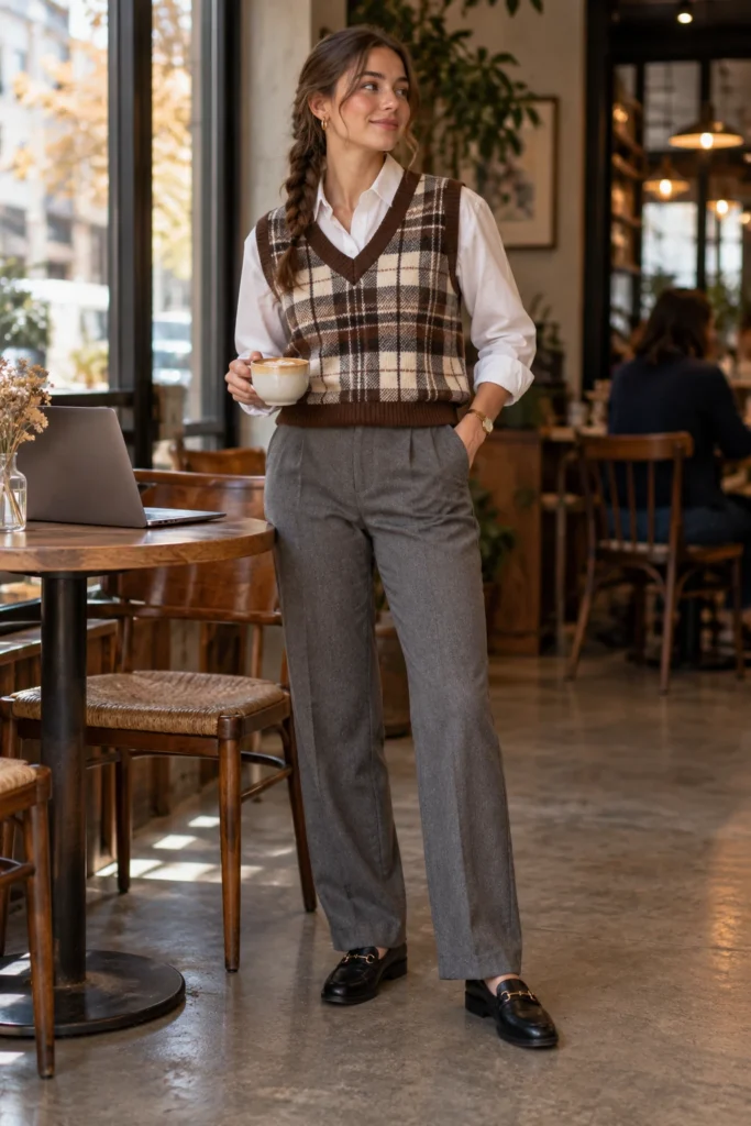 Brown plaid sweater vest over a white shirt with gray trousers (AI-generated image)