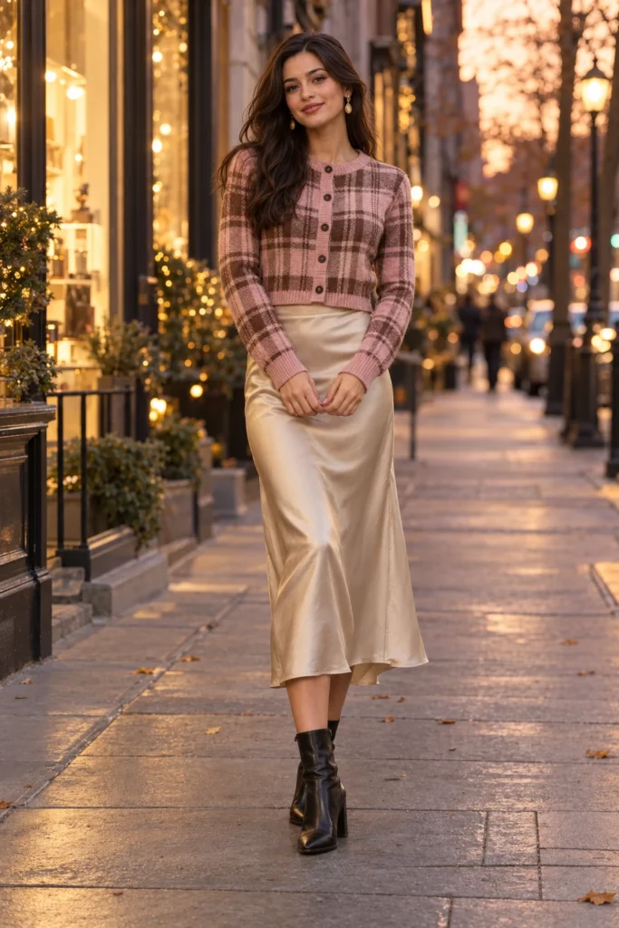 Cropped plaid cardigan with a champagne satin slip midi skirt and ankle boots (AI-generated image)