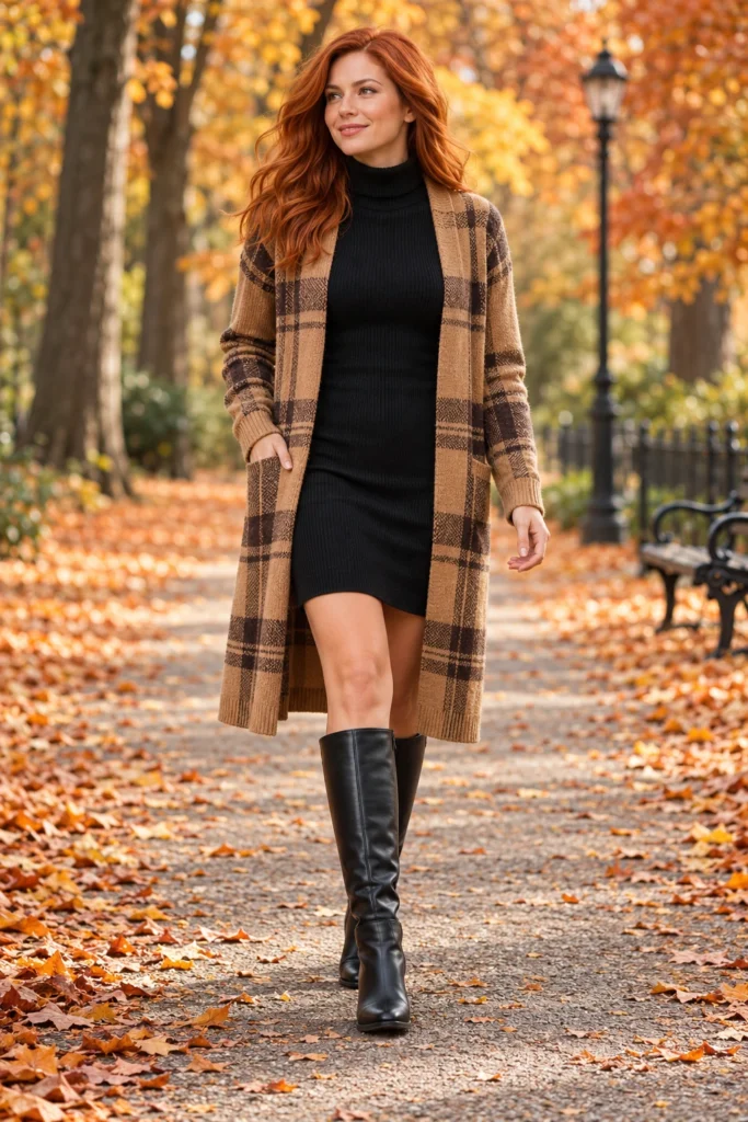 Long plaid cardigan over a black turtleneck sweater dress with knee-high boots (AI-generated image)