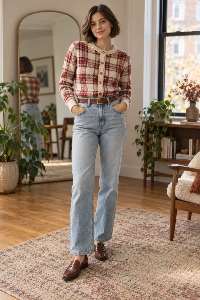 Fitted plaid cardigan buttoned and tucked into light jeans with a brown belt (AI-generated image)