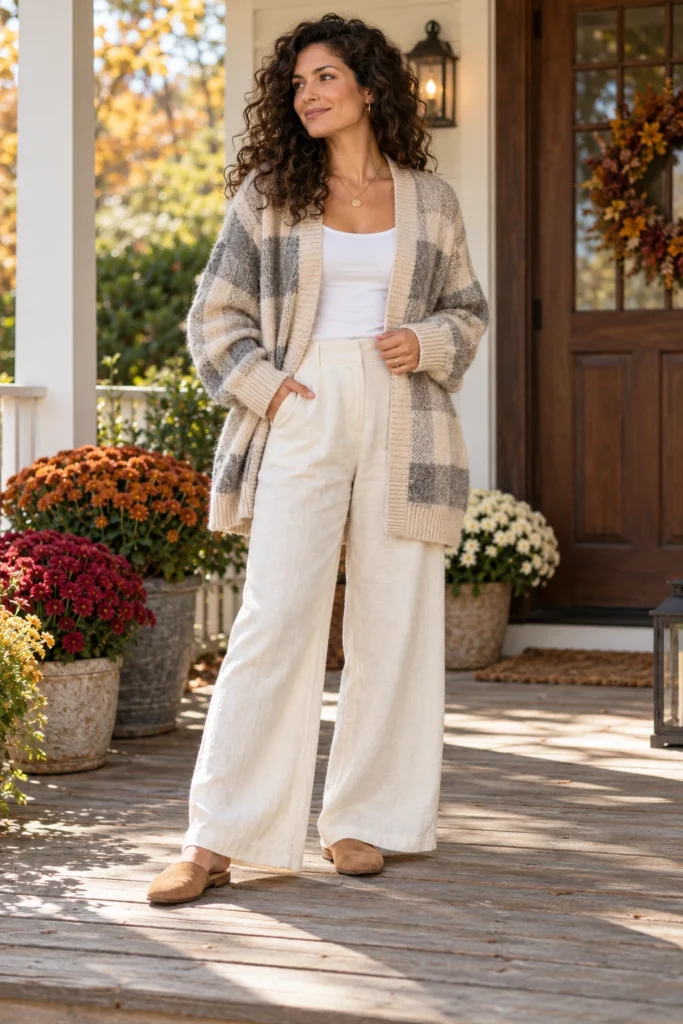 Oversized plaid cardigan over a white tank with wide-leg cream pants (AI-generated image)