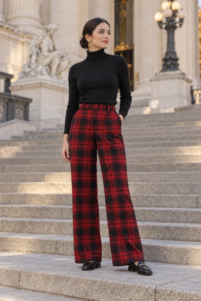 Black turtleneck sweater with red plaid wide-leg trousers and black loafers (AI-generated image)