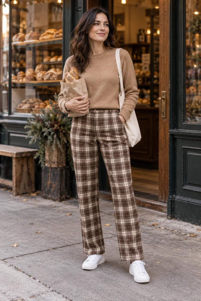 Camel crewneck sweater with brown plaid straight pants and white sneakers (AI-generated image)