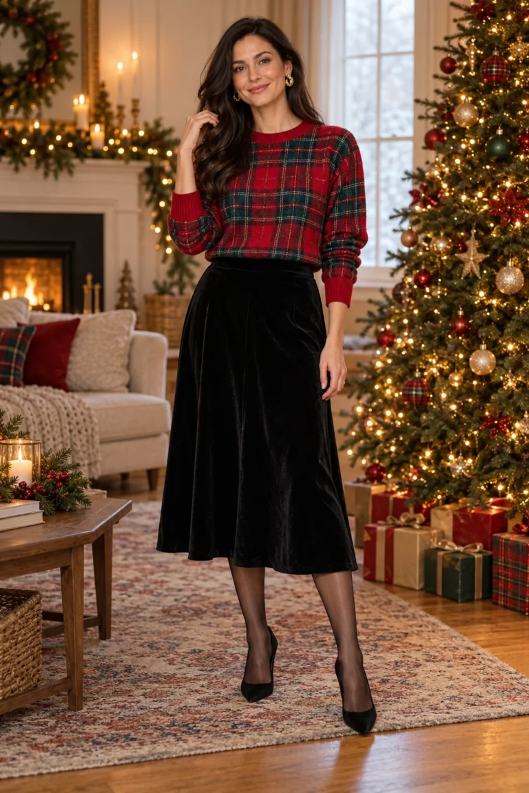 Red tartan sweater with a black velvet midi skirt for Christmas (AI-generated image)