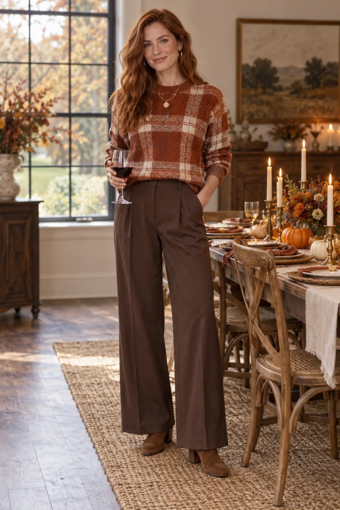 Rust plaid sweater with chocolate brown trousers at a Thanksgiving dinner table (AI-generated image)